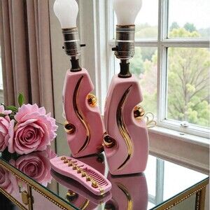 Pair Vintage 1950s Mid Century Atomic Pink Gold Ceramic Boudoir Lamps Bases Only